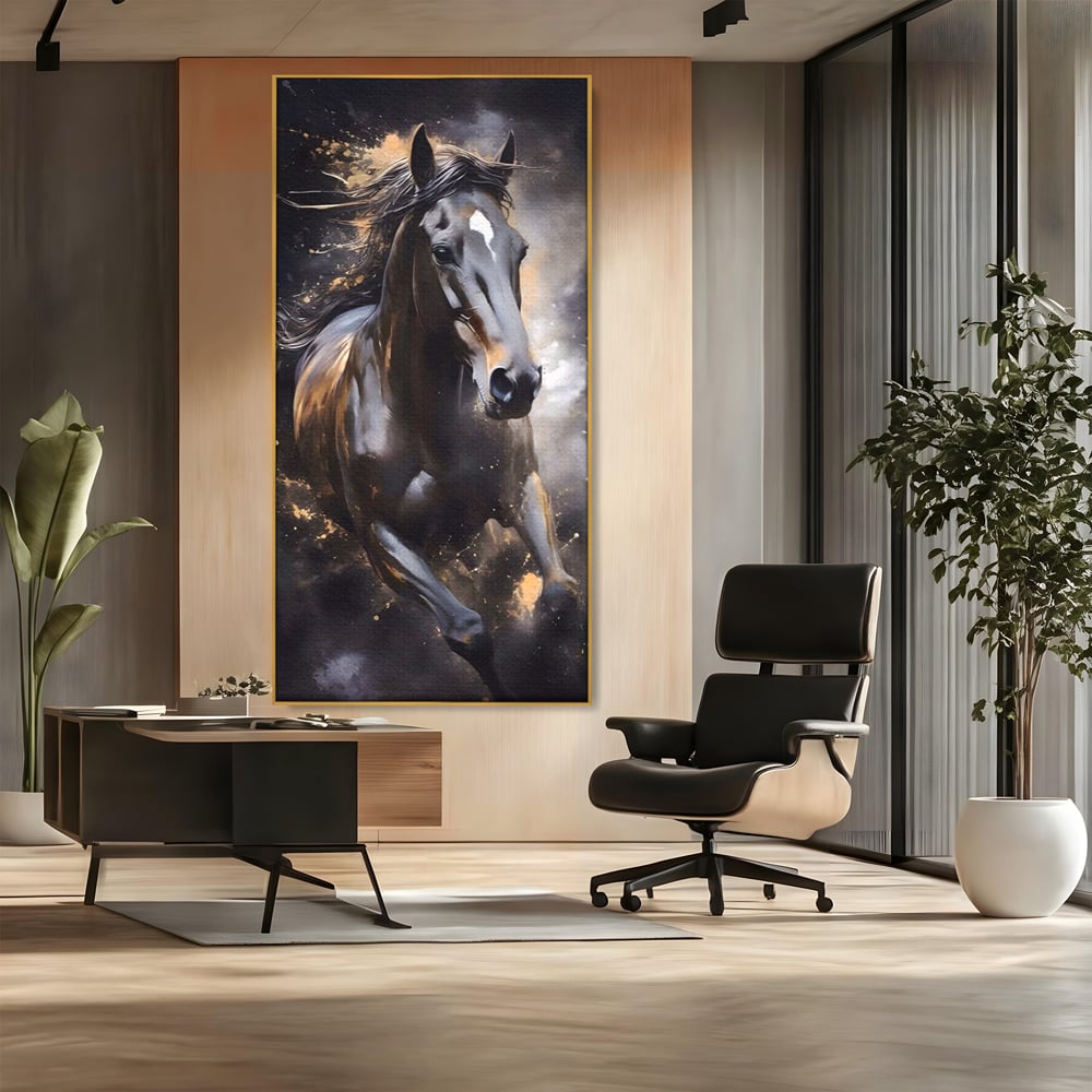 Tablou canvas cu tablou canvas cu un cal negru in alergare, in rama de aluminiu auriu, pe perete intr-un birou